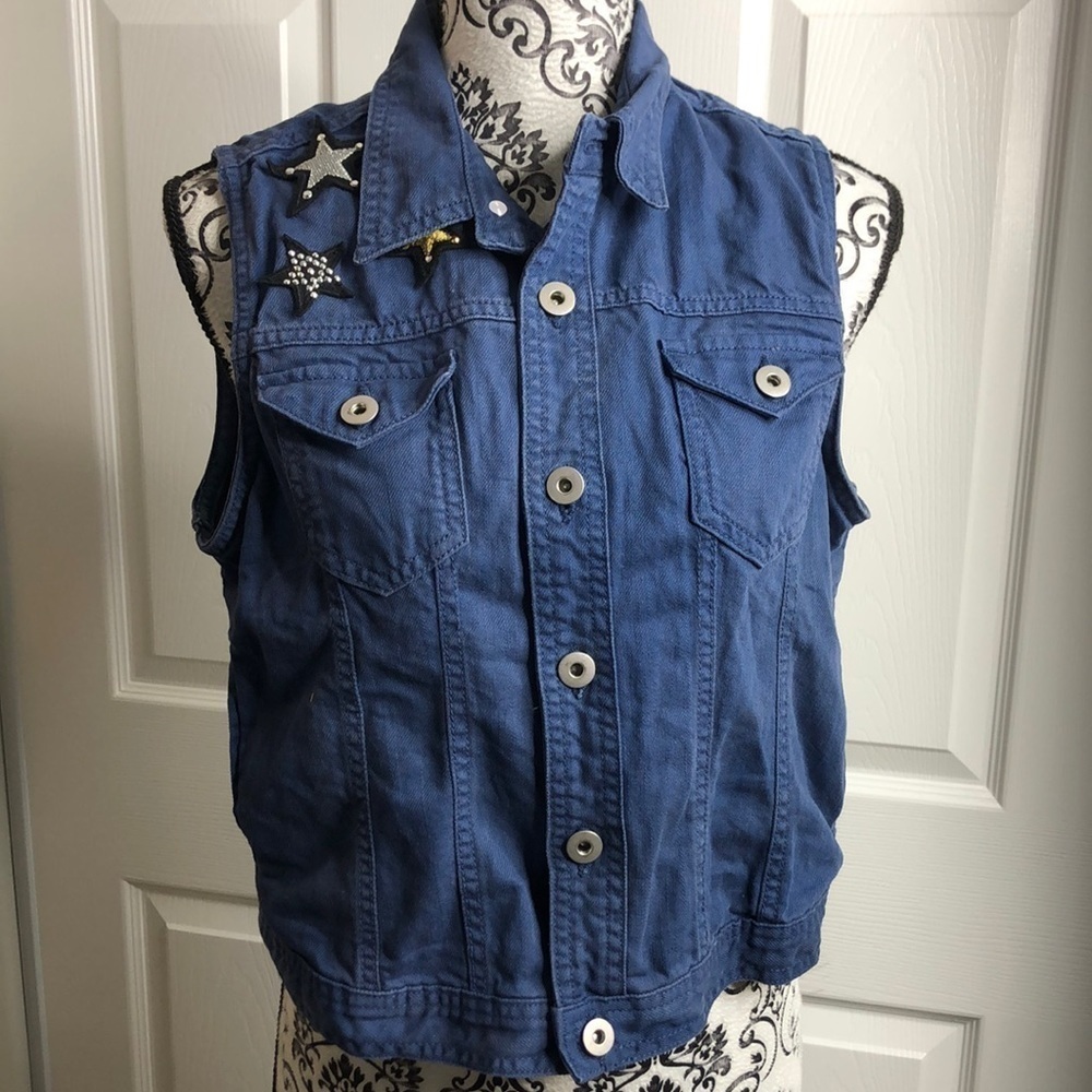 Authethic Icon Vest Blue‎ New L Button Up Stars Embellished